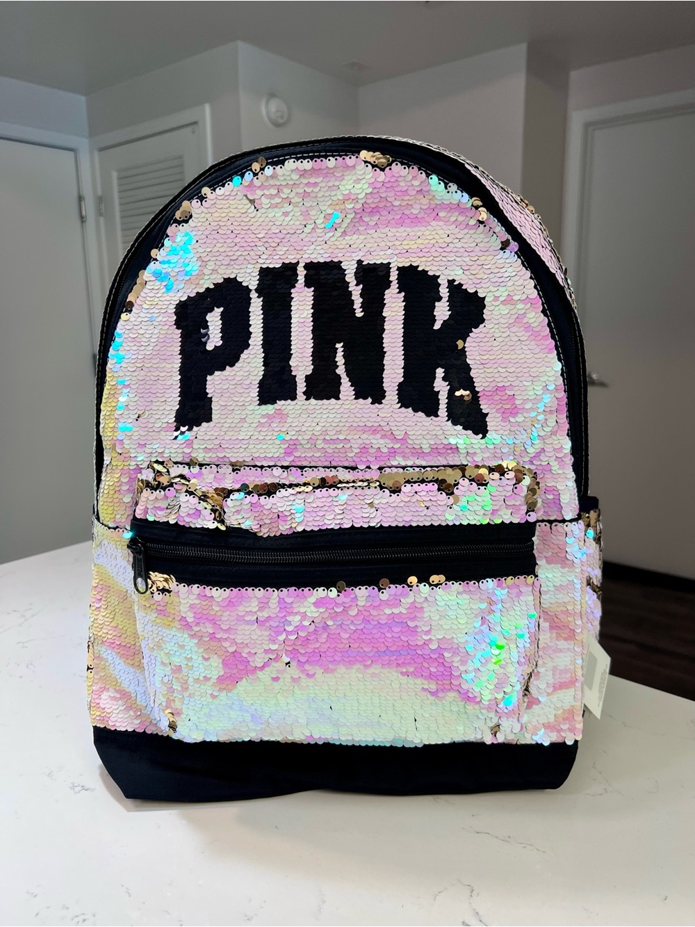 Victoria’s Secret PINK Iridescent Bling Laptop Silver/Gold Sequin Backpack NEW